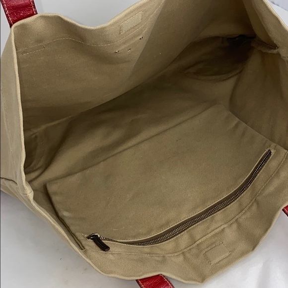 Prada Large Beige Canvas Red Leather Shoulder Tote - Picture 10 of 15
